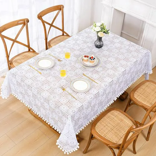 Mantel De Vinilo Blanco Impermeable Con Borlas, 55x55 Pulgad