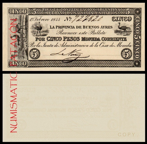 Billete 5 Pesos Moneda Corriente Bs As 1844 - Copia 389