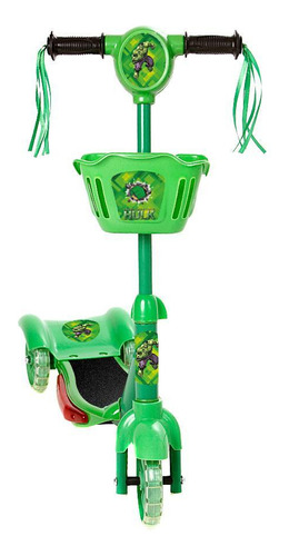 Brinquedo Infantil Patinete Hulk 3 Rodas C Cestinha Luz