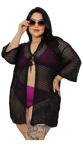 Saída De Praia Plus Size Vestido Tricô Preto Branco Verão