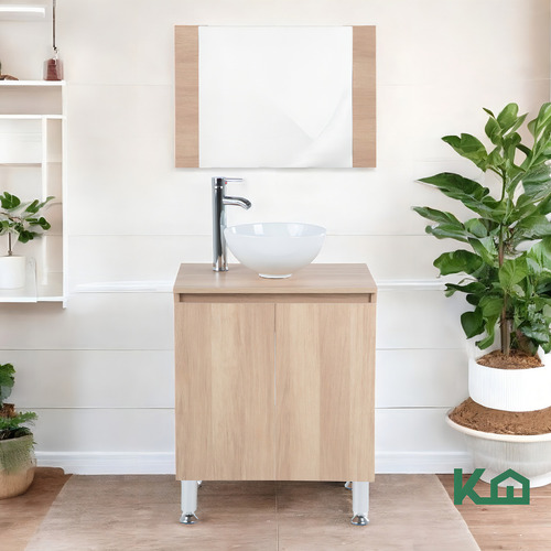 Mueble Para Baño Gabinete Con Espejo Lavabo Completo Color Haya Fibra De Madera MFC Con Puerta Frontal Repisa Llave Monomando Escurridor Y Ovalín De Cerámica KingsHouse
