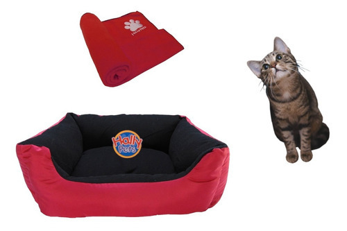 Cama Mediana  Para Mascota  + Cobija Térmica Grande Color Rojo