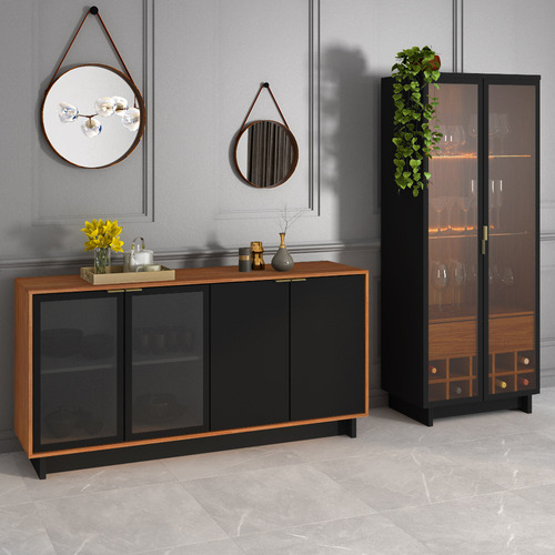Conjunto Cristaleira Com Led E Buffet Preto Fosco/noce