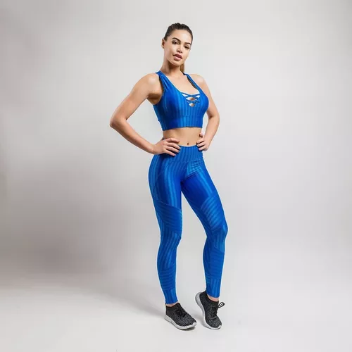 Kit Top + Calça Leg New Vision Azul Royal Fits Gym Fitness