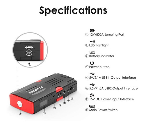 Arrancador De Coche Portátil De 800a Máximo Beatit Bt-d11