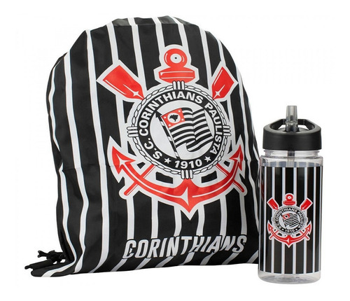 Kit Timão Corinthians Garrafa Bico 450ml + Mochila Saco Cor Plástico