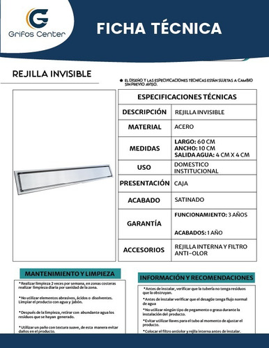 Imagen 2 de 3 de Rejilla Sifon Piso Invisible 60cm X 10cm Acero 304