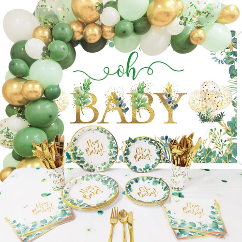 Decoracion Babyshower Verde Salvia Suministro Fiesta Vajilla