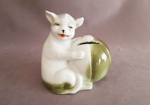 Antigua Alcancía En Porcelana Con Forma De Gato