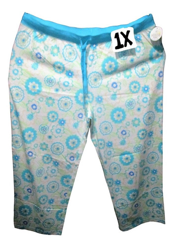 Pantalon Pijama Blanco Con Flor Azul Talla 1x (34/36) Adonna