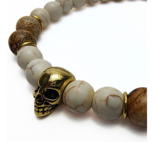 Pulsera De Hombre Jaspe Madera + Dije Calavera