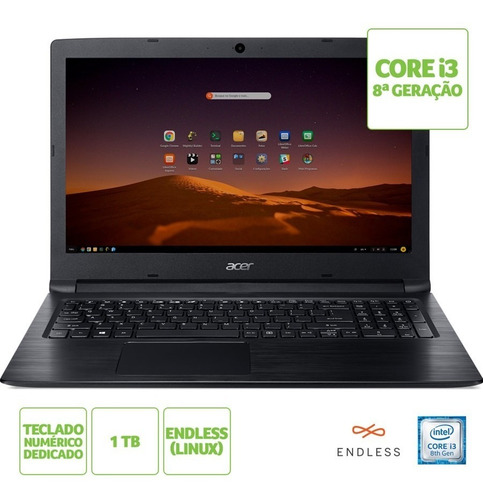 Notebook Acer Aspire 3 A315-53-365q Intel Core I3 8ª Geração Ram 4gb Hd 1tb Tela 15.6'' Linux Endless Os