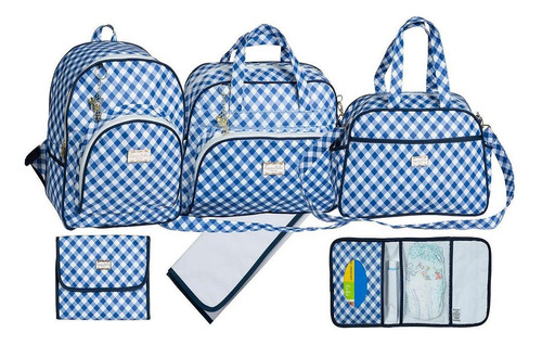 Kit Bolsa Bebê Maternidade Mochila Baby Print Xadrez Azul