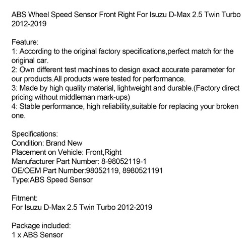 Sensor De Abs Delantero Derecho Para Isuzu D-max 2.5 Twin Tu