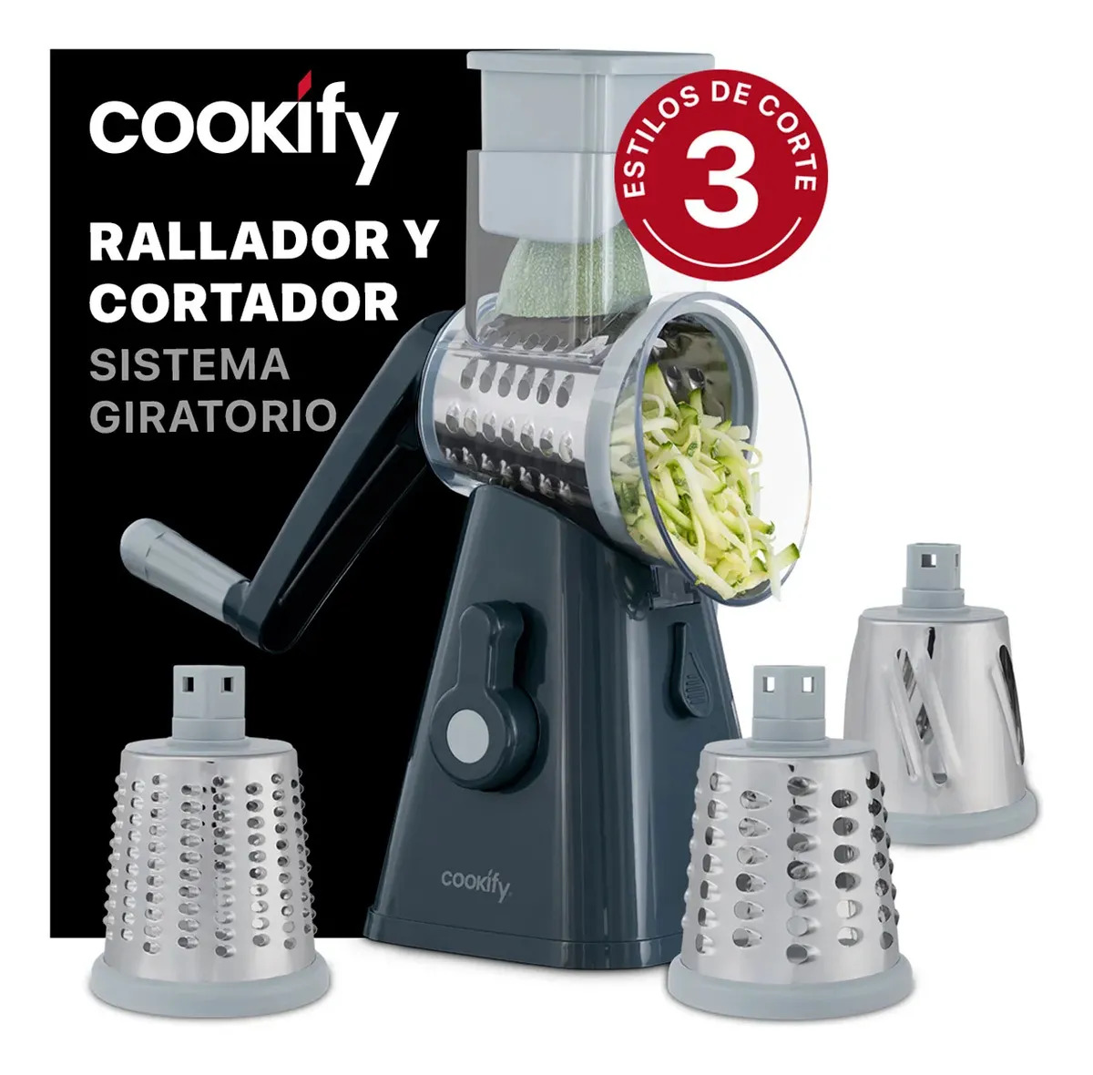 Rallador Cortador De Verduras Y Queso Cookify 3 En 1 Color Gris