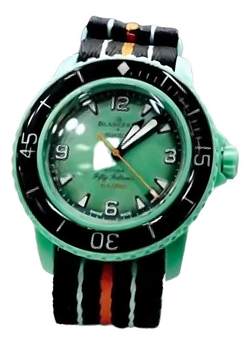 Reloj Swatch X Blancpain Océano Indico Edicion Especial Correa Verde Bisel Negro Fondo Verde