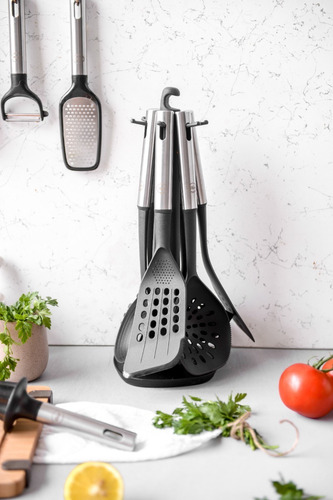 Imagen 3 de 3 de Set 6 Utensilios De Cocina Con Base Ilko Silver Industrial