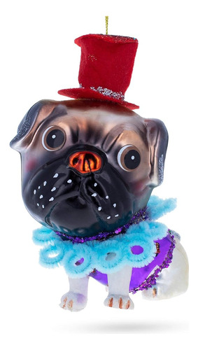 Charming Pug In A Festive Red Hat Adorno Navideño De Vidrio