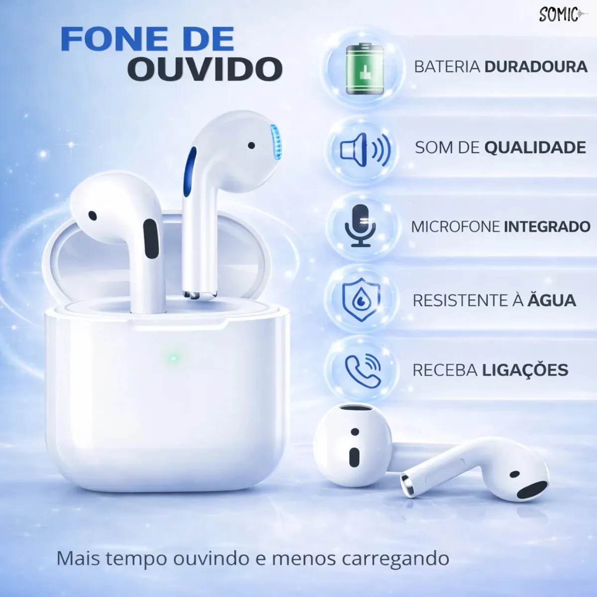 Fone De Ouvido Pro 4 Bluetooth Sem Fio Bateria de Longa Duração Branco Conexão Rápida Somic