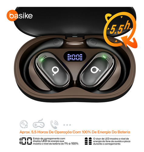 Basike Fone De Ouvido Sem Fio Bluetooth Ows Com Display Led