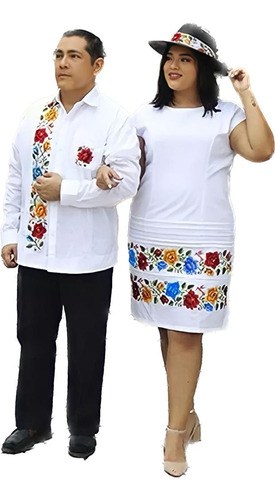 Dúo Vestido Yucateco Colibrí Con Guayabera. Mayakim. 