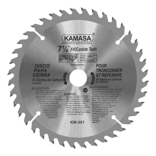 Disco Para Sierra Circular 7-1/4¨(185mm) 40t Kamasa Km351