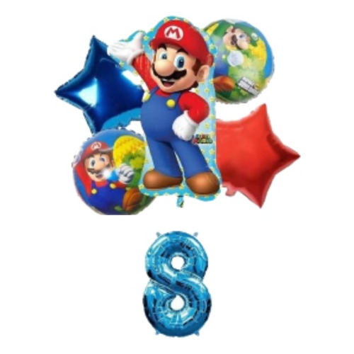 Globos Super Mario Bross Fiesta + Número Cumpleaños X 6 Pcs