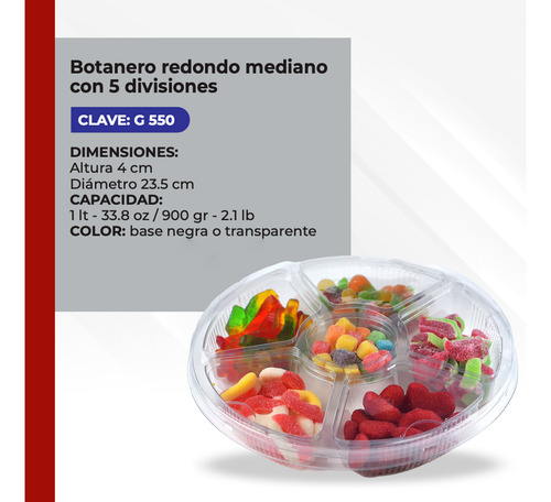 Botanero Redondo Con Tapa Y 5 Divisiones 27cm Paq 10 Pz Transparente