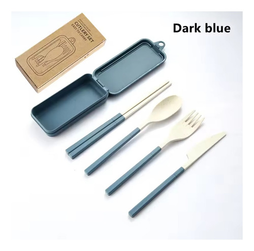 Juego De Cubiertos Portátiles Con Estuche Colores Set Comida Azul