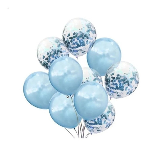 Set Globos Latex + Transparente Cristal Confetti  Celeste