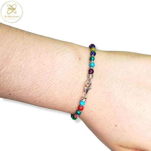 Imagen 3 de 8 de Pulsera Plata Piedras Chicas Multicolores