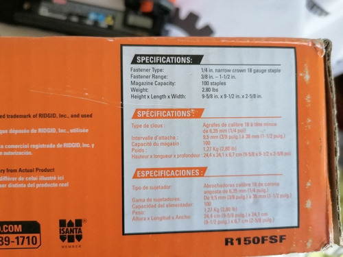 Grapadora Neumática Ridgid Calibre 18 Grapas De Corona 1/4 (Usado)