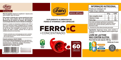 Kit 5 Ferro Com Vitamina C 60 Cápsulas Unilife.