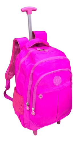 Mochila De Rodinha Escolar Juvenil Nylon Tactel Cor Rosa/ Carrinho Rosa Desenho Do Tecido Liso