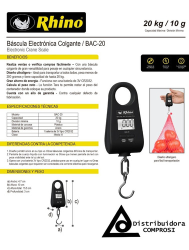 Bascula Colgante 20 Kg/10 Gr Rhino Maletas Portatil Comprosi