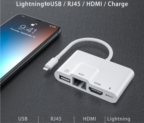 Imagen 5 de 9 de Adaptador iPhone iPad Hdmi Lightning Usb Rj45 Ethernet