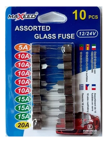 Pack 10 Unid Fusible 6x30mm Cilíndrico Vidrio Surtido
