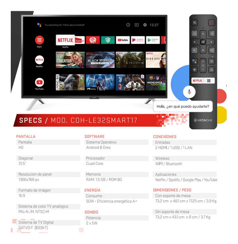 Imagen 6 de 9 de Smart Tv Hitachi Cdh-le32smart17 Led Hd 32 Android Tv Usb