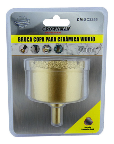 Broca Copa Diamantada Para Vidrio Ceramica Marmol 55mm Crow