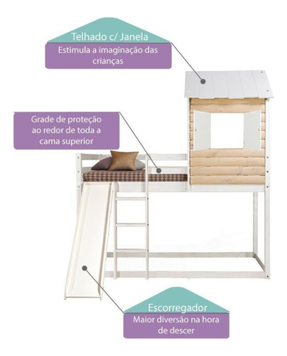 Cama Alta Infantil Club House Wood Com Escorregador Wt