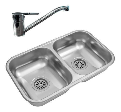 Combo Bacha Doble Cocina Acero Johnson Cc28 B Sopapa Grifería Monocomando Cierre Ceramico Pico Movil Metalica Cromo