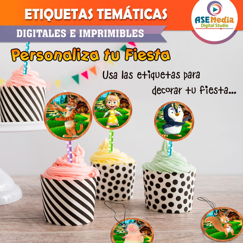 Etiquetas Imprimibles Cualquier Temática Cupcakes Adhesivas Masha Y El Oso