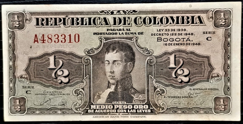 Billete 1/2 Peso Oro 16.01.1948 Vf+ Prefijo A 6 Dig Colombia