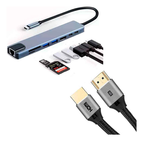 Pack Adaptador 8en1 Usb C A Hdmi 4k, Lan, 2xusb 3.0 + Cable