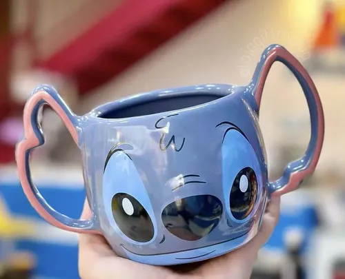 Caneca 3d Porcelana 450ml Alça Dupla Stitch Disney Cor Azul