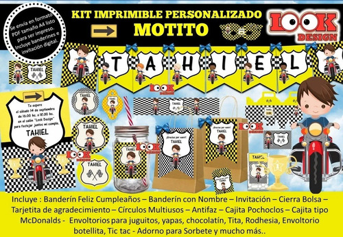 Kit Imprimible Candybar Motito Amarilla Moto Personalizado