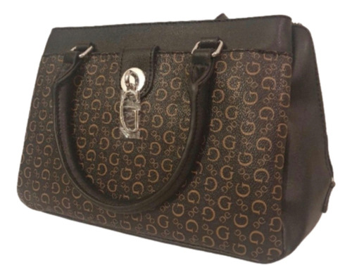 Bolsa Guess Satchel Negra Con Logos Café