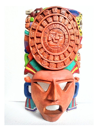 Tzolquin Calendario Maya Mascara Madera Trabajada Artesanía 