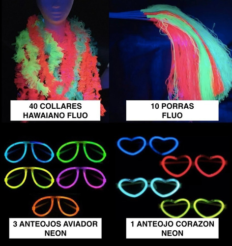 Imagen 4 de 9 de Combo Cotillon Luminoso Led Neon 100 Personas+ Labial Fluo F