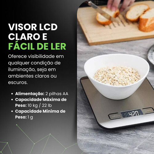 Balança Cozinha 10 Vxn Fit Alimentos 10kg Aço Inox Visor Grande Prateado